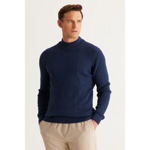 AC&Co / Altınyıldız Classics Men's Indigo Slim Fit Slim-Fit Cut Half Turtleneck Cotton Jacquard Knitwear Sweater.