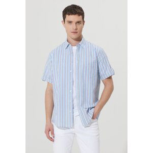 AC&Co / Altınyıldız Classics Men's White-blue Comfort Fit Comfy Cut. Hidden Button Collar Cotton Striped Shirt.