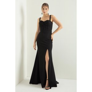 Lafaba Women's Black Stone Underwire Corset Slit Long Evening Dress