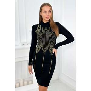 Knitted dress with a gold pattern of cubic zirconia in black color