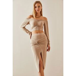 XHAN Beige Bow Detailed Slit Midi Skirt