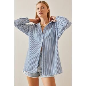 XHAN Blue Striped Polo Neck Oversize Shirt