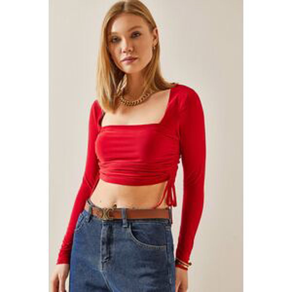 XHAN Red Square Neck Gathered Crop Blouse