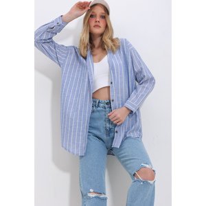 Trend Alaçatı Stili Women's Blue Striped Flared Oversize Linen Shirt