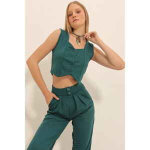 Trend Alaçatı Stili Women's Walnut Green Sweetheart Collar Buttoned Crop Vest