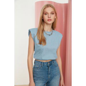 Trendyol Blue 100% Cotton Padded Crop Crew Neck Knitted T-Shirt