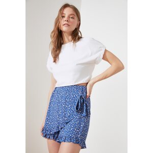 Trendyol Blue Frill Double Breasted Weave Viscose Floral Short Skirt