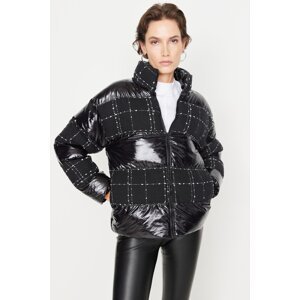 Trendyol Black Tweed detailný lesklý oversize nafúknutý kabát