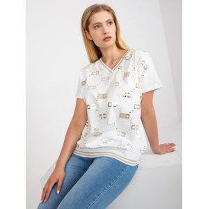 White blouse of larger size with print and application