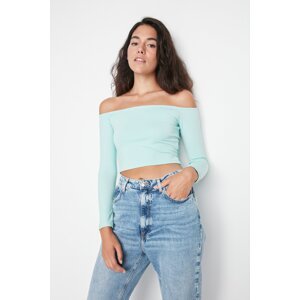 Trendyol Light Green Fitted/Simple Carmen Collar Crop Stretchy Knitted Blouse