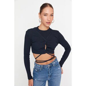 Trendyol Navy Blue Lace-Up Detailed Fitted/Skinned Crop Ribbed Stretch Knit Blouse