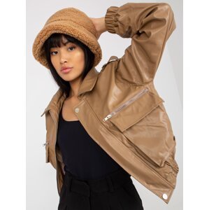 Dark beige short eco-leather jacket with pockets