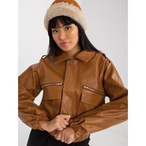 Camel short eco-leather jacket with collar