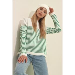 Trend Alaçatı Stili Women's Green Boat Collar Striped Seasonal Knitwear Sweater