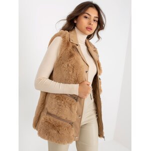 Women's camel vest made of eco-leather with fur