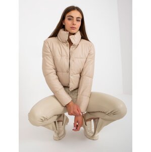 Beige short down jacket made of eco-leather with stitching
