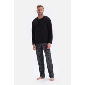 Dagi Black Long Sleeve Tops Featured Printed Bottom Modal Groom Pajamas Set