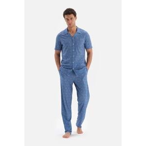 Dagi Blue Shirt Collar Microprint Printed Pajamas Set