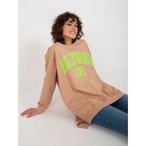 Beige and green oversize long sweatshirt with inscription