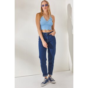 Olalook Women's Dark Blue Washed Mom Jeans