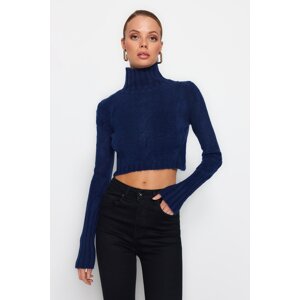 Trendyol Navy Blue Crop mäkký textúrovaný pletený sveter