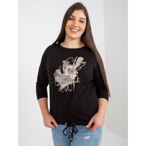 Women's black blouse plus size with print and rhinestones