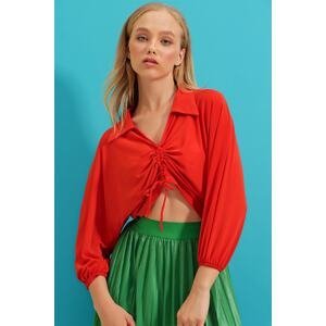 Trend Alaçatı Stili Women's Coral Shirt Collar Sandy Crop Blouse with Smocking