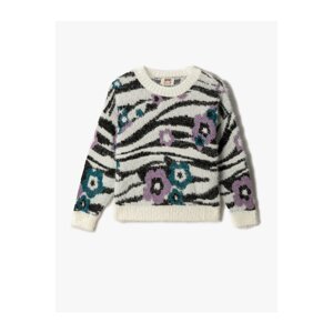 Koton Zebra Patterned Floral Plush Sweater Long Sleeve Crew Neck