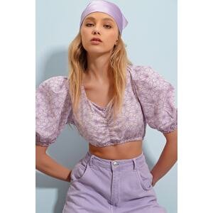 Trend Alaçatı Stili Women's Lilac Kiss Collar Front Gathered Princess Sleeve Floral Patterned Crop Woven Blouse