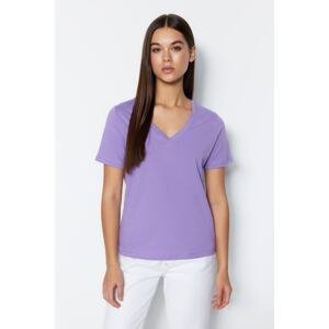 Trendyol Lilac 100% Cotton Basic V-Neck Knitted T-Shirt