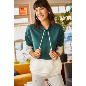 Olalook Women's Emerald Green Contrast Asymmetric Hooded Sweatshirt