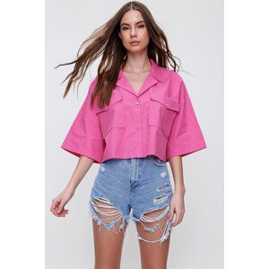 Trend Alaçatı Stili Women's Fuchsia Crop Poplin Shirt With Envelopes