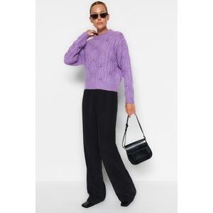 Trendyol fialový široký strih, mäkký textúrovaný prelamovaný/perforovaný pletený sveter