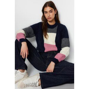 Trendyol Navy Blue Soft Textured Color Block Crew Neck Knitwear Sweater