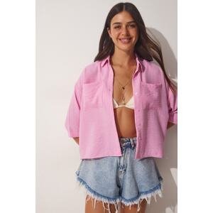 Happiness İstanbul Women's Pink Crop Shirt with Pockets Ayrobin DX0009