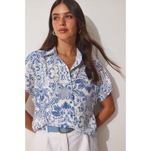 Happiness İstanbul Women's White Blue Patterned Summer Viscose Shirt