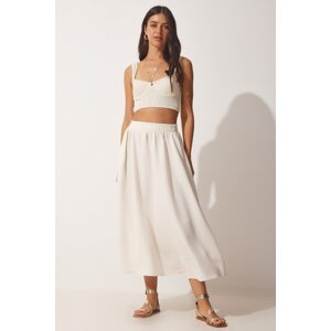 Happiness İstanbul Women's Cream Pocketed Woven Flared Skirt