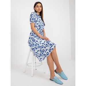 White and dark blue flowing floral dress with belt