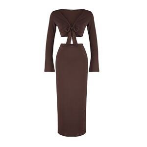 Trendyol Dark Brown Lacing Detail Super Crop and Midi Flexible Knit Top and Bottom Set