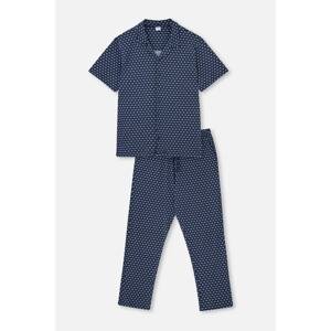 Dagi Navy Blue Shirt Collar Size Printed Pajamas Set