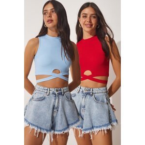 Happiness İstanbul Women's Red Blue 2-Piece Barbell Neck Corded Crop Knitted Blouse