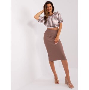 Dark beige casual ensemble with striped blouse