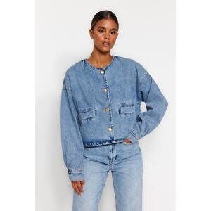 Trendyol Blue Accessory Detailed Oversize Crop Denim Jacket