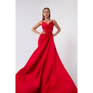 Lafaba Dámske červené dlhé saténové večerné šaty s ramienkami, maturitné šaty