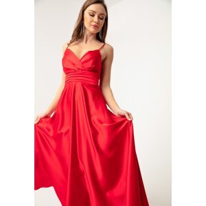 Lafaba Dámske červené saténové midi večerné šaty s ramienkami a bedrovým pásom a plesové šaty
