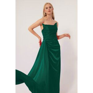 Lafaba Dámske smaragdovo zelené dlhé saténové večerné šaty s rozparkom
