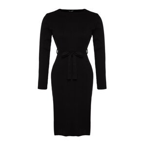Trendyol Curve Čierne manšestrové svetrové šaty s kravatou Detail pása