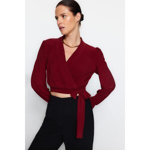 Trendyol Burgundy Double Breasted Crop Stretchy Knitted Blouse