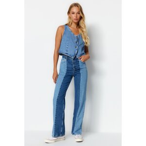 Trendyol Blue Color Block Vysoký pás široké nohavice džínsy