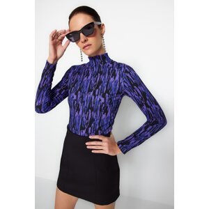 Trendyol Purple Printed Fitted High Neck Long Sleeve Sweater/Textured Knitted Blouse